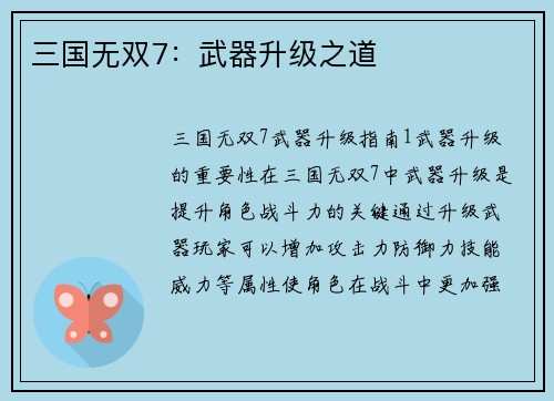 三国无双7：武器升级之道